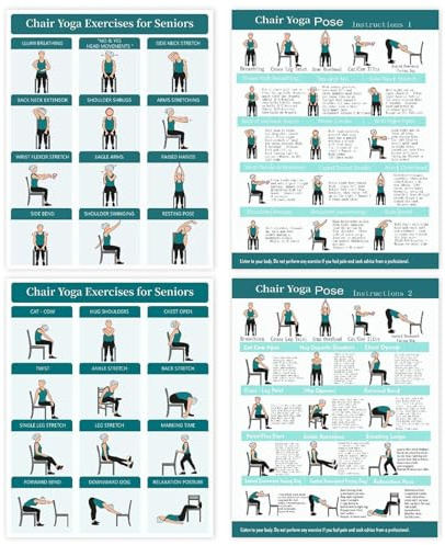 Yoga-Diagramm für Stuhl, Stretching-Pose-Karten für Anfänger, 4-teiliges Poster-Set mit Check-in-Aufzeichnung, Fitness-Zubehör für Damen und Herren, Flexibilitäts-Balance-Werkzeug für Zuhause