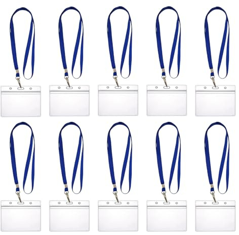 10x Lanyards Schlüsselbänder 1 cm breit mit 10x Ausweishüllen ZIP Kartenhalter flexibel & wasserdicht horizontal/vertikal für 1-2 Ausweise Karten Schutzhülle für Ausweise (10x Blau Horizontal)