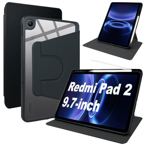 Lemxiee Cover per Xiaomi Redmi Pad 2 9.7 Case per supporto rotante & Slot per penna Custodia in pelle PU + Acrilico trasparente
