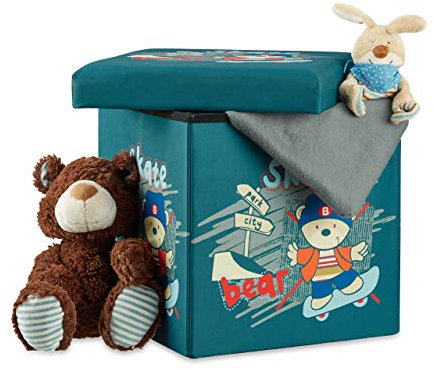 Relaxdays Sitzhocker für Kinder, faltbar, mit Stauraum, Aufbewahrungsbox mit Deckel, HxBxT 38 x 38 x 38 cm, Bär
