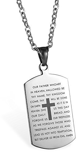 JewelryWe Schmuck Edelstahl Englisch Bibel Herr Gebet Kruzifix Kreuz Dog Tag Anhänger mit 55cm Kette, Halskette für Herren und Damen, Silber, kostenlos Gravur