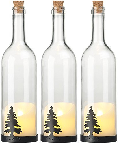 Lunartec Dekoflaschen LED: 3er-Set Deko-Glasflasche, LED-Kerze & bewegliche Flamme, Tannen-Motiv (Lampen mit Timer, Leuchtflasche, Tischleuchte Batterie)