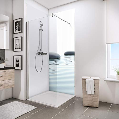 Schulte lot 2 panneaux muraux 90x210 cm + 3 profilés (2x finition, 1x angle intérieur), revêtement salle de bain, épaisseur 3 mm, motif pierres zen et eau + blanc, avec adhésif double face