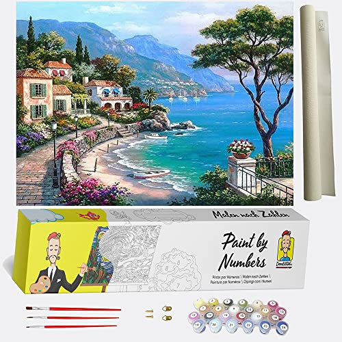DonElton Pintar por Números para adultos Paisajes - 40x50 cm Kits de pintura con Pinceles, colores acrílicos y lienzo de lino, Sin marco - Regalo creativo (Pueblo con Mar)