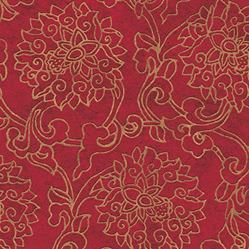 Papier peint japonais rouge & doré | Tapisserie motif fleur dorée & rouge pour couloir & salon | Papier peint fleuri intissé