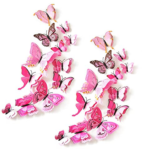 24 Pcs DIY Miroir Papillon, Amovible 3D Papillon Stickers Muraux Stickers Muraux, Décalque de Décoration Murale pour Chambre d'Enfants, Chambre, Salon - Rose