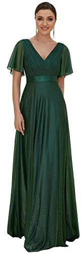 Ever-Pretty Robe Mère de Mariée Longue Col V Manches Courtes Tulle A Line
