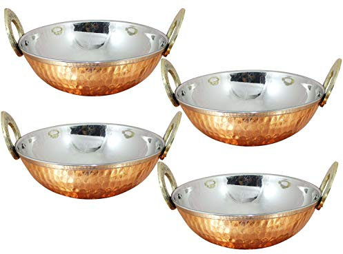 Traditionelles indisches Set mit 4 Schalen aus reinem Kupfer, Edelstahlschalen mit massivem Messinggriff, Serviergeschirr, Zubehör, Karahi-Pfanne für indische Lebensmittel, Durchmesser 17,8 cm, von