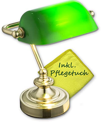 bmf-versand Bankerlampe Messing Grün mit Pflegetuch - Schreibtischlampe Retro mit Grünen Lampenschirm - Banker Tischlampe Büro - Schreibtischleuchte Bürolampe für Schreibtisch Höhe 24 cm