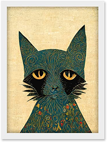 Doppelganger33 LTD William Morris Style Floral Blue Cat Artwork Framed Wall Art Print A4