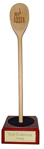 Personalised Wooden Spoon Trophy, Award. Choice Of Designs Engraved With Any Text (Hey Loser Spoon Award)