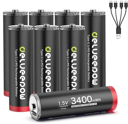 Delyeepow 1.5V USB-C Batterie AA ricaricabili 3400mWh, Pile Ricaricabili AA Litio 1500 Cicli con Cavo USB-C, 8 pezzi