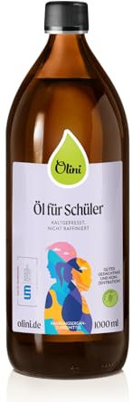 Olini Öl für Schüler aus Lein-, Walnuss- und Haselnuss- und Olivenöl Frische 1000 ml 1L Glasflasche Kaltgepresst, unraffiniert, ungereinigt Reich an ungesättigten Fettsäuren Zarter Geschmack