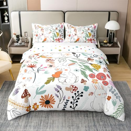 Cartoon Kaninchen 100% Bio-Baumwolle Bettbezug für Mädchen Jungen,Nette Tier Tröster Bezug 135x200,Kawaii Kaninchen mit Karotte Bettwäsche Set,Botanische Pflanze Bettbezug