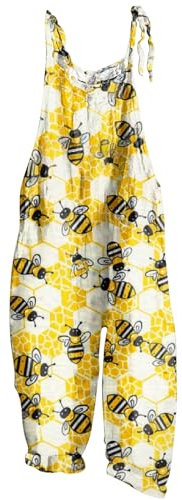 Women's Dungarees Womens Jumpsuits Casual Casual Overalls for Women Wide Leg Pants Honey Bee Festival Print Loose Adjustable Overalls Wide Leg Pockets Yellow