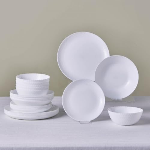 Karaca Diamond 24-Piece Glass Dinner Set for 6 People, Dinner Plate (25.5cm), Side Plate (19cm), Pasta Bowl (20.5cm), Soup Bowl (15.5cm), Dishwasher Safe, White