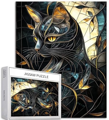 Black Cat 1000 Piece Jigsaw Puzzle for Adults Stained Glass Art Jigsaw Puzzle Colorful DIY Puzzle Home Decor Gift Family Puzzle Best Game Night 20x27 Inch