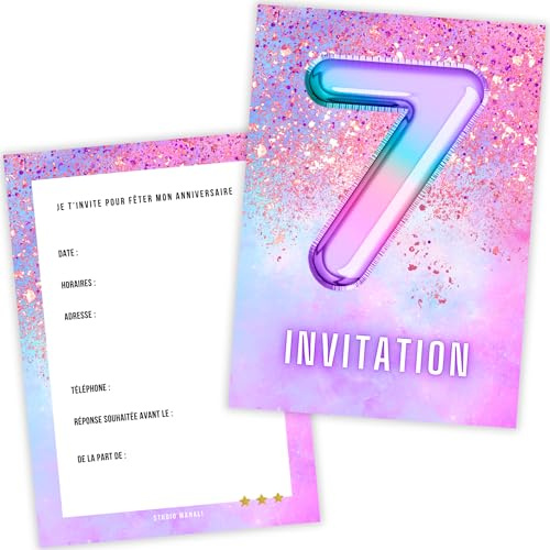 Carte Invitation Anniversaire Fille 7 Ans – Lot de 12 Cartes premium – Thème ballon helium boum Arc en Ciel Pastel Rose Violet Licorne – Papier Épais 400g – Format A6 – Fabriqué en France (7 ANS)