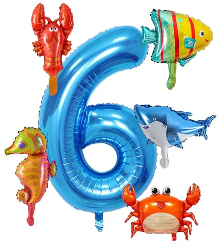 Meerestiere Luftballons Geburtstag 6 Jahre, 6 Stück Meerestiere Folienballon, Luftballon 6. Geburtstag, Party Ballons für Kinder Junge Mädchen Ozean Thema Party Deko Jubiläum