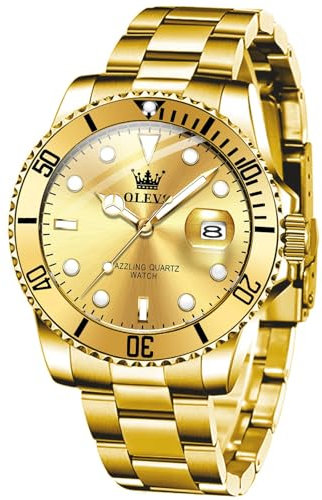 OLEVS Goldene Uhr Herren Wasserdicht Luxus Quarz Analog Herrenuhren Edelstahl Stylish Leuchtende Armbanduhr Herren Großes Zifferblatt Metallarmband Uhren für Männer mit Datumsanzeige Geschenke