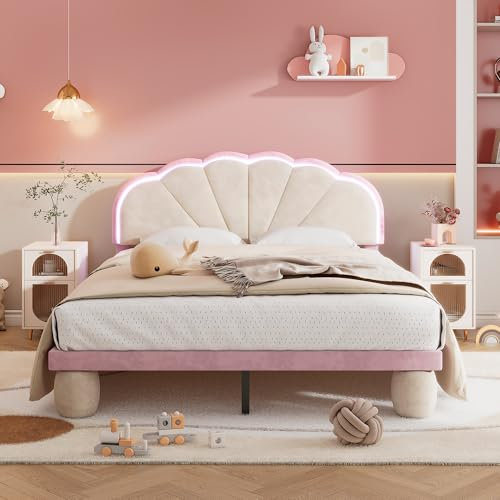 Pangshiyuan Lit capitonné avec bandes lumineuses multicolores, tête de lit dentelée, pieds ronds rembourrés, velours, beige + rose, 140 x 200 cm, pour chambre d'enfant