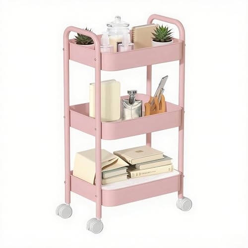 Lunayuomi® Metal 3-Tier Storage Trolley Cart on Wheels with Handle, Rolling Utility Cart for Livingroom, Bathroom, Kitchen(Pink)