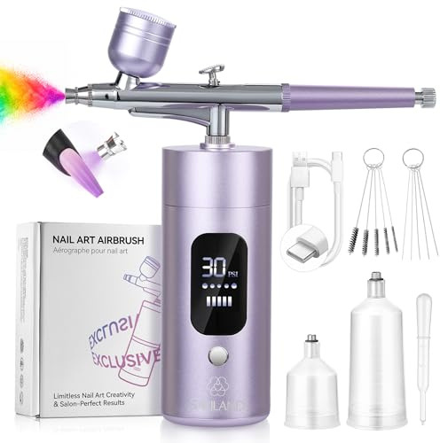 SAVILAND Airbrush Kit with Compressor: 25 PSI Rechargeable Nail Airbrush Machine Cordless Airbrush Gun 3 Air Pressure Options with LCD Display 0.1 mm Anti-spray Nozzle for Ombre French Nail Art