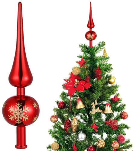 VICASKY Red Christmas Tree Topper, Vintage Spherical Retro Xmas Tree Topper Spike Ornament for Xmas Holiday Home Decoration 23cm/9inch