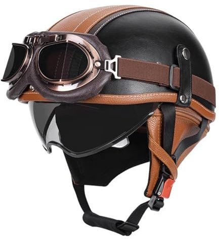 Casque De Moto Jet Vintage Cuir Demi Casque avec Lunettes Casques Face Ouverte De Moto ECEDOT Homologué Casques Bols Doublure Intérieure Amovible pour Hommes Femmes
