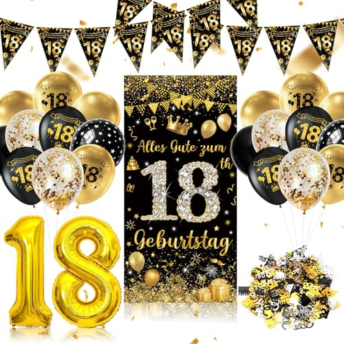 KQMGJYB 18 Geburtstag Deko, Deko 18 Geburtstag Junge Männer Frauen Schwarz Gold Dekorationen Banner, 18 Happy Birthday Girlande Ballon Dekoration