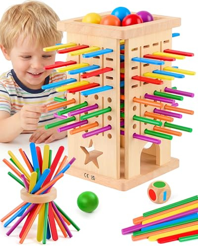 Juego de Mesa Montessori para Niños 3 4 5 6 Años, Juego Educativo de Madera con Palitos de Colores, Dado y Bolas, Juguete de Habilidad Motora Fina, Regalo Ideal para Niños y Niñas