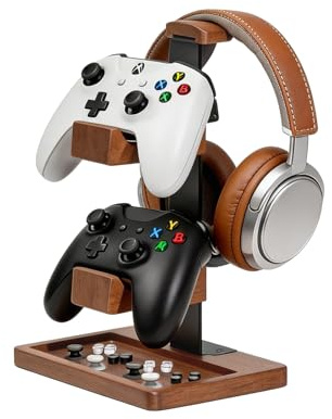 Acidea Supporto per controller e cuffie in legno massello, doppio supporto per controller da gioco, organizer per apparecchiature di gioco per Xbox, PS4, PS5, Gamepad, supporto per cuffie, regalo per