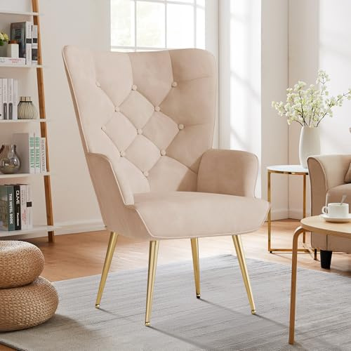 Aivermeil Samt-Ohrensessel, goldene Metallbeine, Khaki | Hohe Rückenlehne; Knopfheftung; gepolsterte Armlehnen; Lesesessel für Wohnzimmer, Schlafzimmer & Leseecke; bis 150 kg