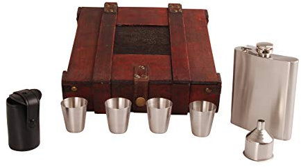 Set de regalo: petaca de 200 ml con embudo, estuche de piel para cuatro vasos de chupito en una caja de madera con aspecto rústico