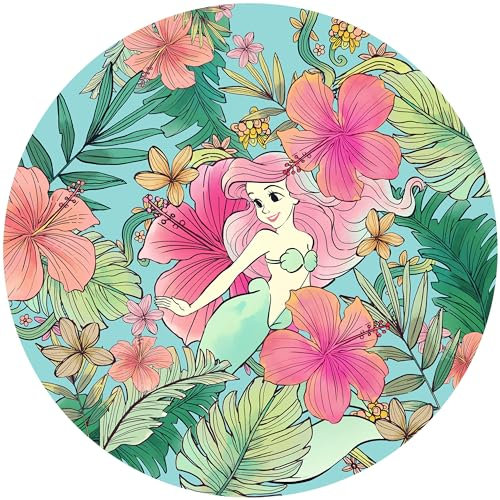 Disney Komar DOT runde und selbstklebende Vlies Fototapete Ariel Ocean Flowers - Ø Durchmesser 125 cm - 1 Stück - Tapete, Kinderzimmer, Mädchen - DD1-001