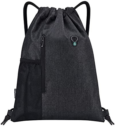 LIVACASA Mochilas de Cuerdas Mujer Hombre Toma USB para Auriculares con Bolsillos Mallas para Botellas Tela Oxford Bolsa de Cuerdas Mochilas Impermeables para Yoga Gimnasio Deportes Negro-Negro