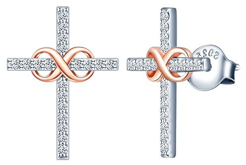 INFINIONLY Women's girl's Earrings Studs, 925 sterling silver earring stud, Silver cross earrings inlaid with rose gold infinity symbol, Double color plating process, Elegant, Inlaid shiny zircon