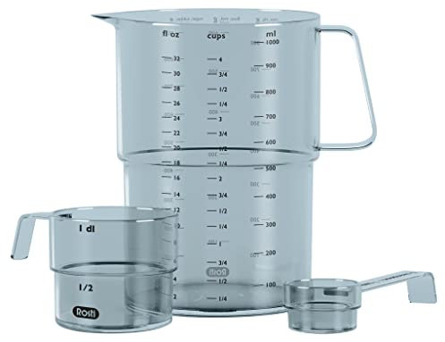 Rosti Mensura Messbecher-Set aus SAN-Kunststoff, 3er-Set, Messlöffel 15ml, Messbecher 100ml & Litermaß 1 liter, Dusty Blue