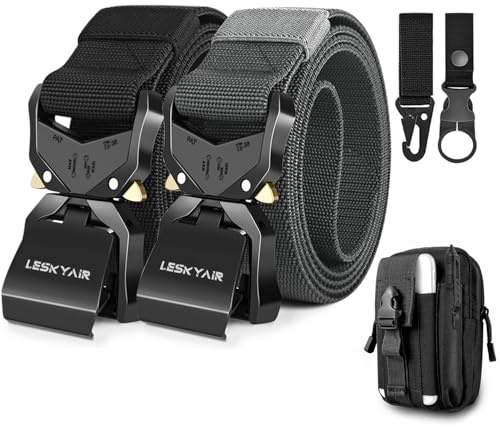 Leskyair Taktischer Gürtel, Militär-Arbeitsgürtel, 3,8 cm, Nylon, robuste Schnallenschloss-Metallschnalle, Geschenk mit MOLLE-Tasche und Flaschenclip, Schwarz/Grau, One Size