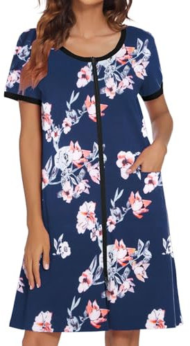 Ekouaer Damen-Hausmantel mit Reißverschluss vorne, kurze Ärmel, Bademantel, Kurzes Nachthemd mit Taschen, S-3XL, Marineblau/Blumenmuster, XX-Large