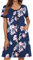Ekouaer Damen-Hausmantel mit Reißverschluss vorne, kurze Ärmel, Bademantel, Kurzes Nachthemd mit Taschen, S-3XL, Marineblau/Blumenmuster, XX-Large