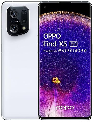 OPPO Find X5 5G Smartphone, Snapdragon 888, 6.55'' AMOLED FHD+ 120Hz, 50MP+50MP+13MP 4K Ultra Night Video, RAM 8GB + ROM 256GB, 4800mAh 80W Supervooc & 30W Airvooc, IP54 [UK Version], White (Renewed)