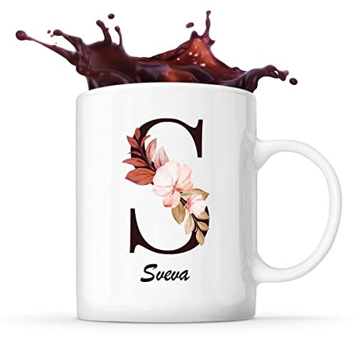 Tazza Sveva con lettera fiorita per un'idea regalo originale. Tazza de 325 ml ideale per caffè e tè