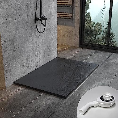 Duschwanne 120x80 cm SMC Brausewanne schwarz Steinoptik Antirutsch Duschtasse Höhe 3,2 cm Niedrige Schwelle Extraflach Brausetasse mit Ablaufgarnitur Ø 90 mm
