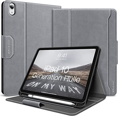 Bukoor iPad 10 Generation Hülle 2022 mit Innentasche und Stifthalter PU Leder Case Stoßfeste Smart Cover 10 9 Zoll Auto Schlaf/Aufwach Schutzhülle Vielseitiger Verstellbarer Ständer-Grau