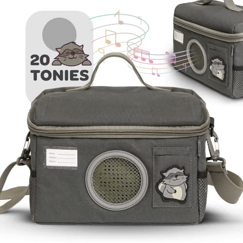 Heldenzimmer - Tonie Tasche für Toniebox mit Waschbär Grau - Sichere Tonie Tasche Transport in Toniebox Tasche für bis zu 10 Figuren und Zubehör (Grau)