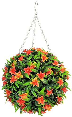 Best Artificial 28cm Lily Topiary Hanging Flower Ball **UV Fade Protected** (Orange)