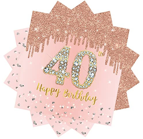 20 PCS Serviettes Papier Decoration Anniversaire 40 Ans,Serviette Papier Rose Gold,Serviettes en Papier Decorees,Serviettes pour Fêtes Joyeux Anniversaire Decoration,Kit Vaisselle Jetable Anniversaire