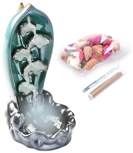 Sølmo Wasserfall Räucherstäbchenhalter - 52-teiliges Set inkl. Tablett, 20 Räucherstäbchen, 30 Räucherkerzen und Pinzette - Ideal für Aromatherapie und Wohnkultur - Töpferei und Schwarze Keramik