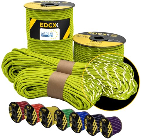 EdcX Reflective Paracord 550 4mm, 13 Colors, Hi-Vis (15m, 30m, 50m) | Reflective Sofit Yellow, 50 m – 100% Nylon 4mm, Type III 7 strand | Night Visibility, Camping, Guy Lines | Made in EU